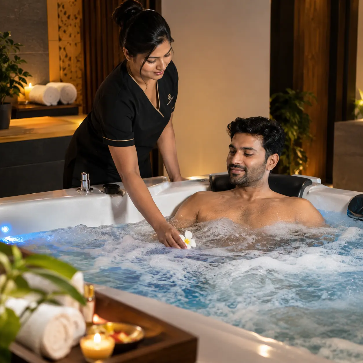 Customer enjoying a relaxing Jacuzzi bath at Swarna Spa Cuttack